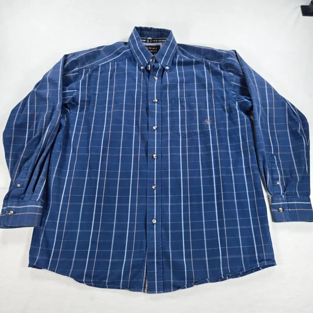 Ariat Pro Series Blue Plaid Long Sleeve Western Button Down Shirt Size Large